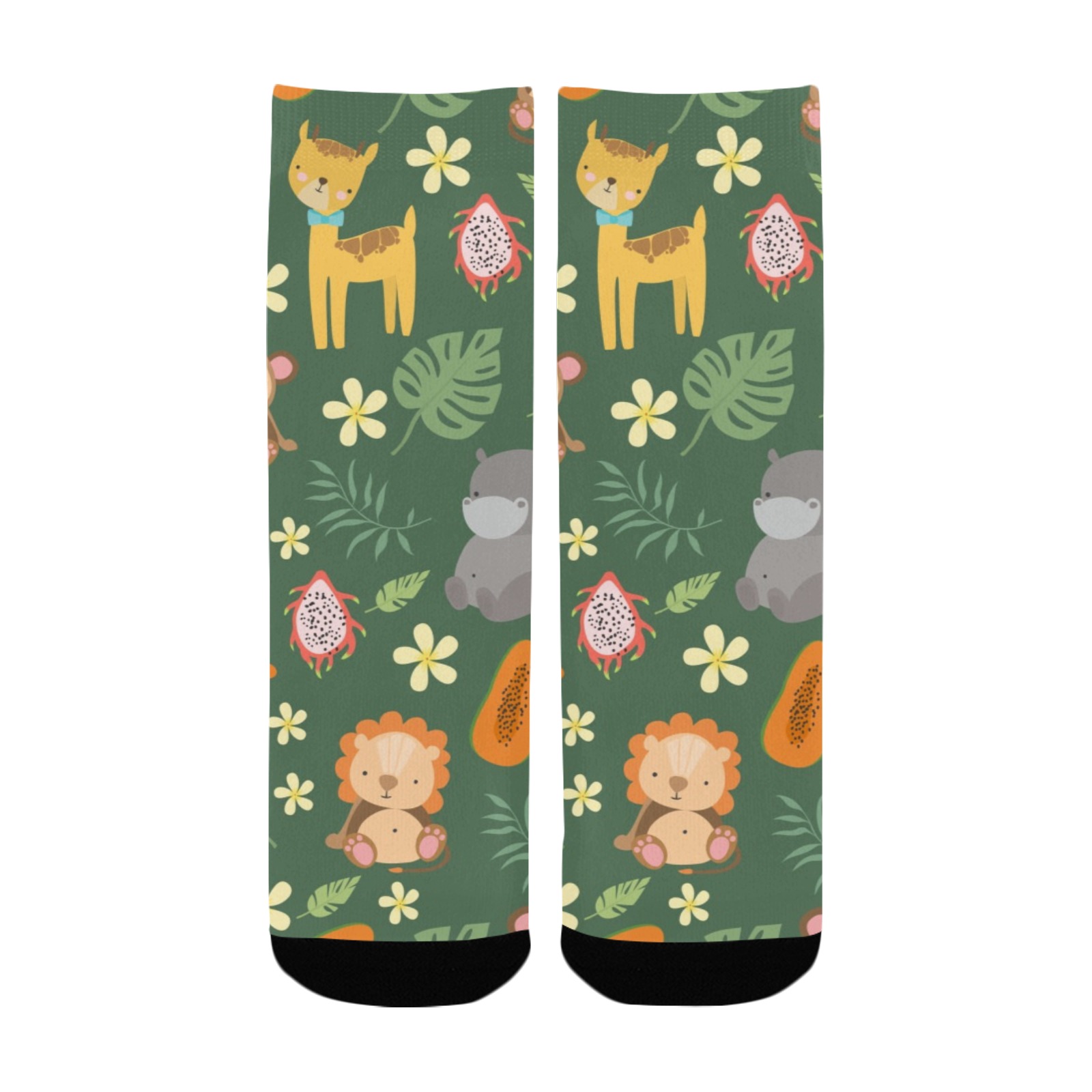 Kids' custom polyester socks with jungle animal print.