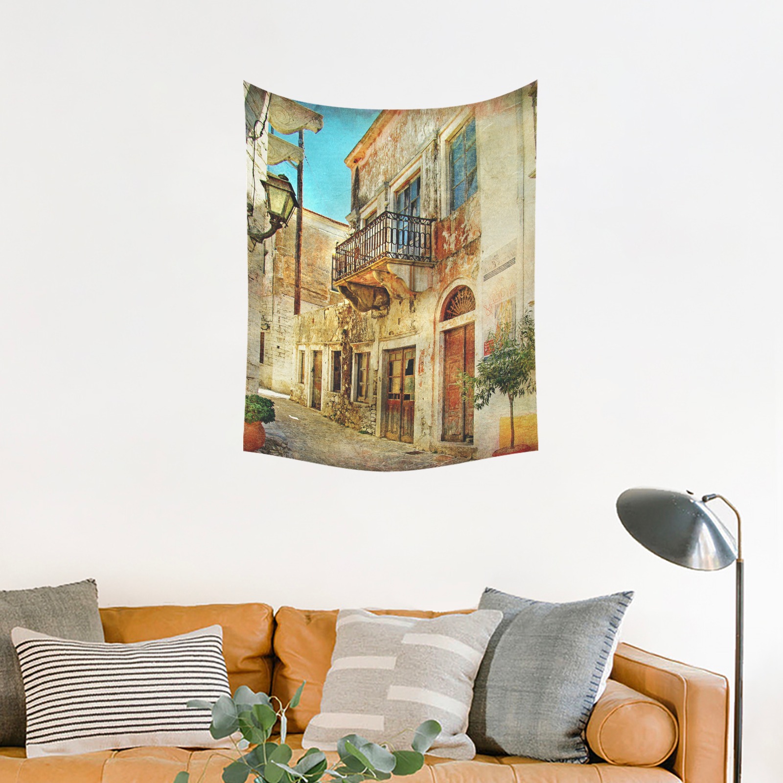 Cotton Linen Tapestry 30"x40" featuring a European street scene, perfect for wall hangings and home decor.