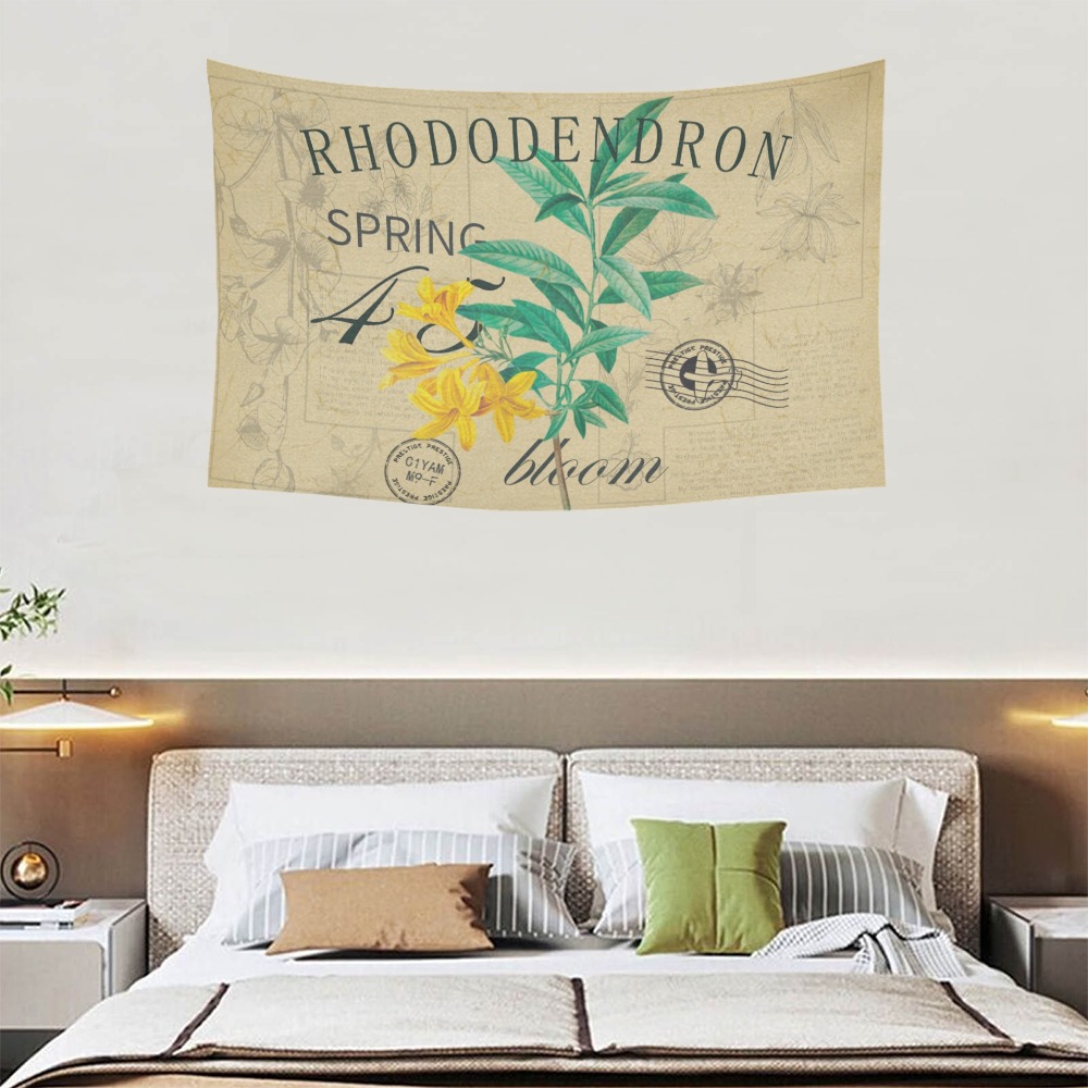 Cotton linen tapestry 60x40 with botanical illustration, hanging on wall, "WOODEN DOOR SPRING" text
