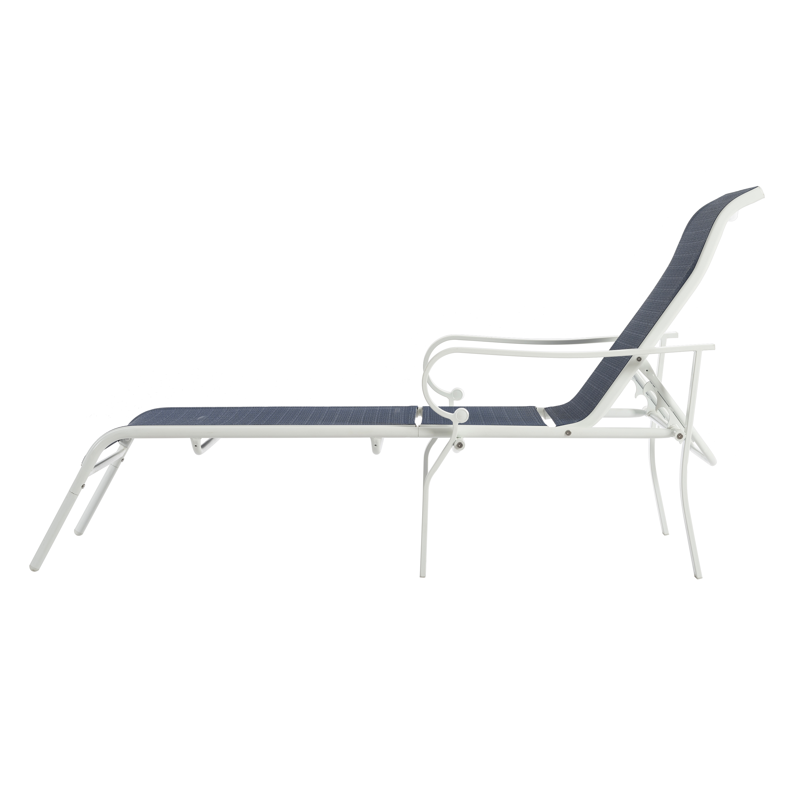 Side profile of a reclined lounger with full mesh seat and scrolled armrests