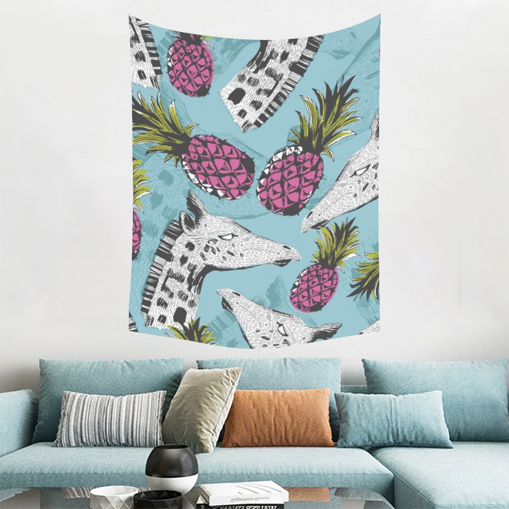 Polyester peach skin wall tapestry with pineapple and giraffe pattern for indoor decoration