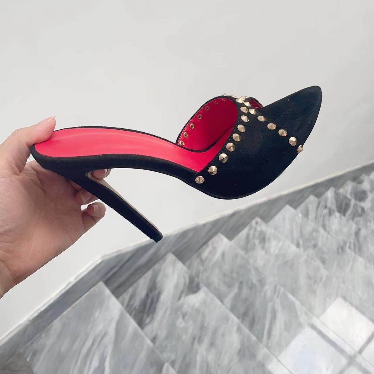European and American Roman Rivet Stiletto Sandals Fish Mouth Set Feet Large Cool Slippers image 6