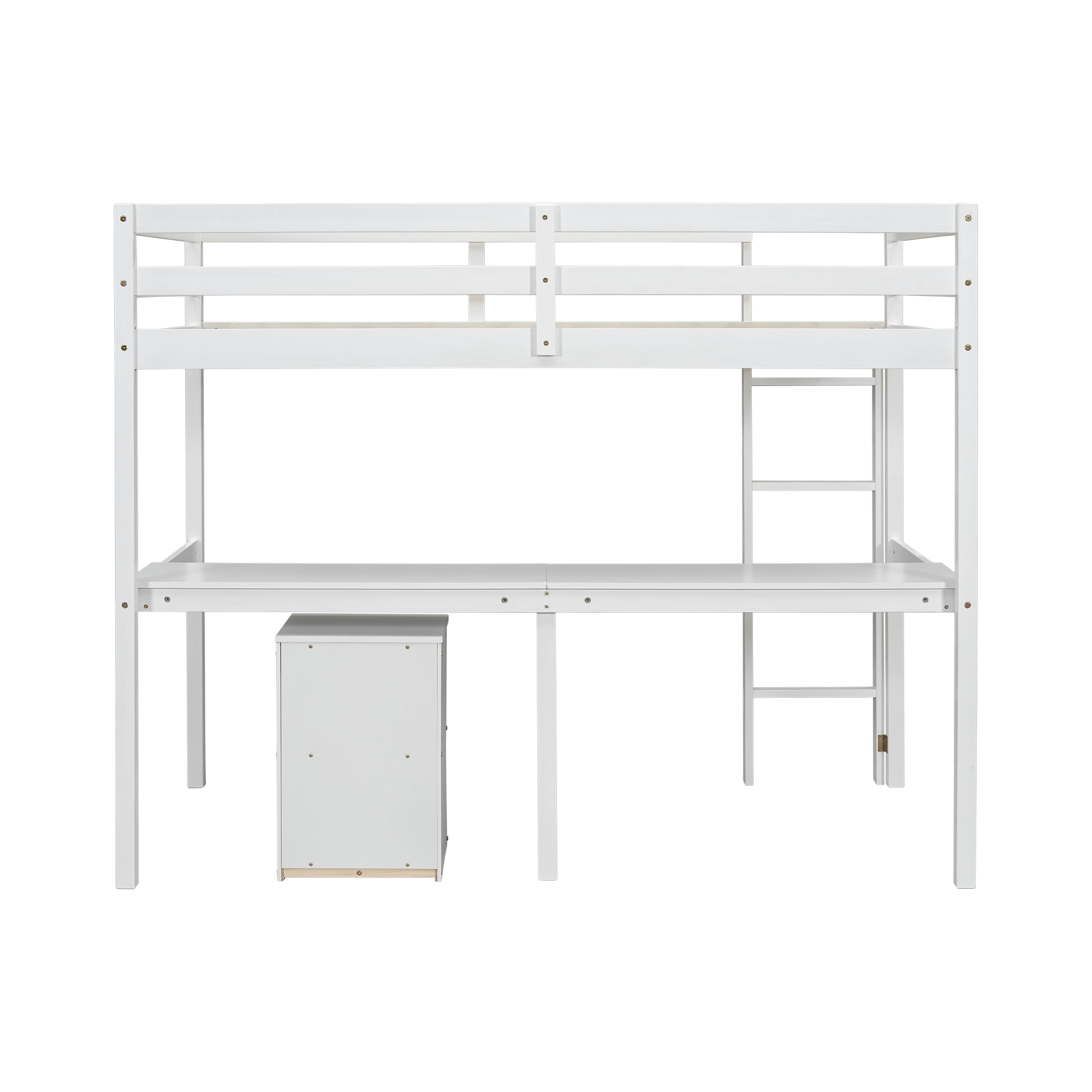 White loft bed frame raised in a bright kids bedroom