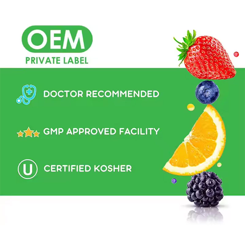 Green certification badge panel showing Doctor Recommended, GMP Approved Facility, and Certified Kosher with fresh fruits