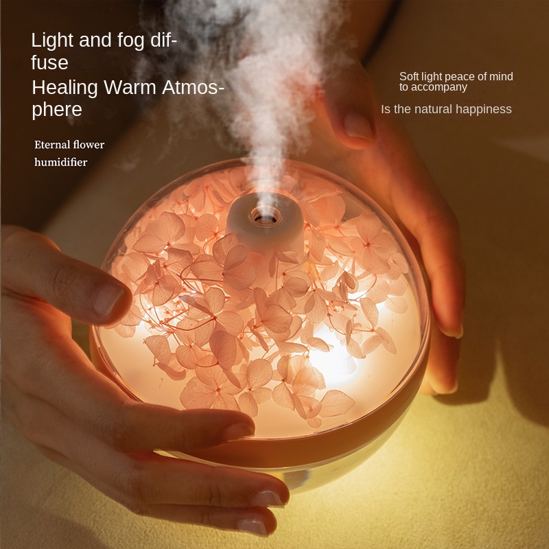 Mist rising from a transparent dome at the bedside in warm light