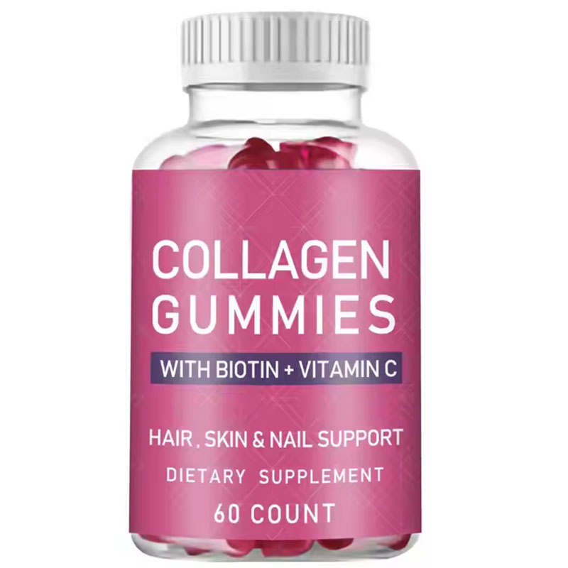 Clear glass bottle of collagen gummies with vibrant magenta label, filled with translucent ruby-red gummy bears, on a soft neutral surface.