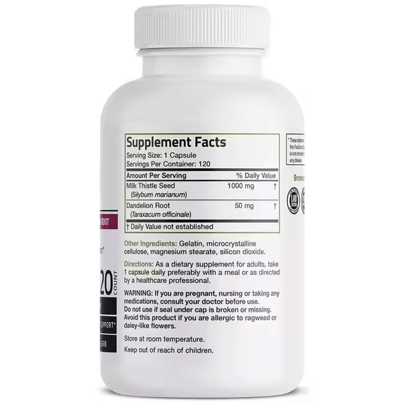 Back label showing Supplement Facts panel with Milk Thistle and Dandelion Root listed prominently