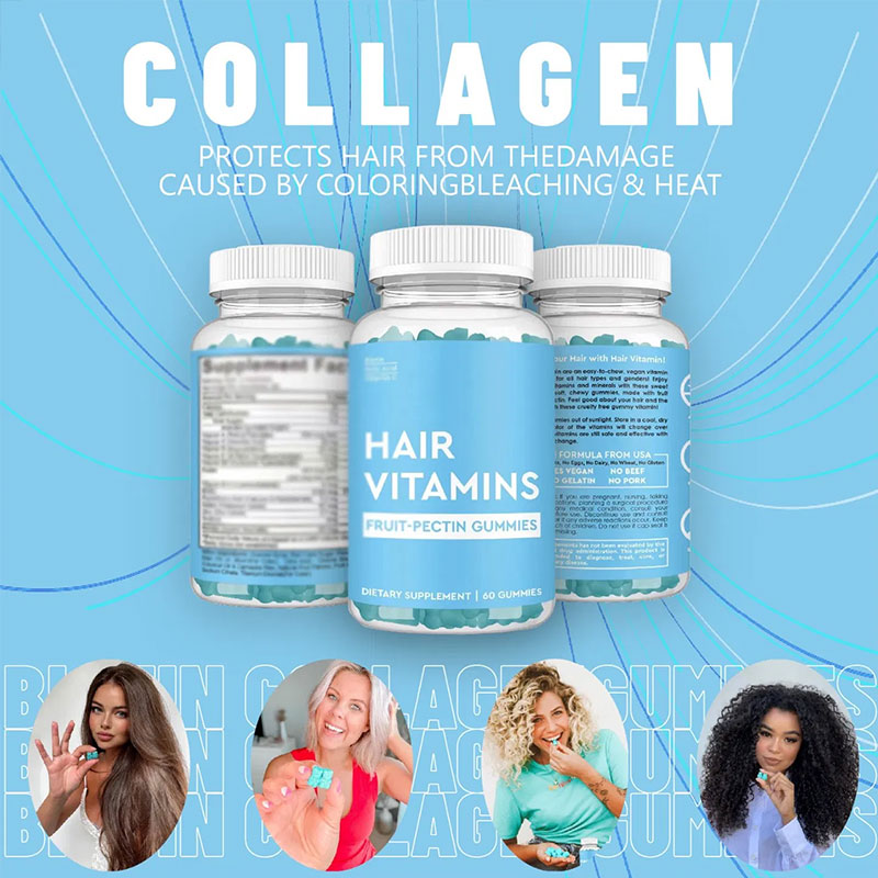 Three bottles with hero claim about collagen protection from damage, four diverse women with different hair types and colors showing healthy, shiny results