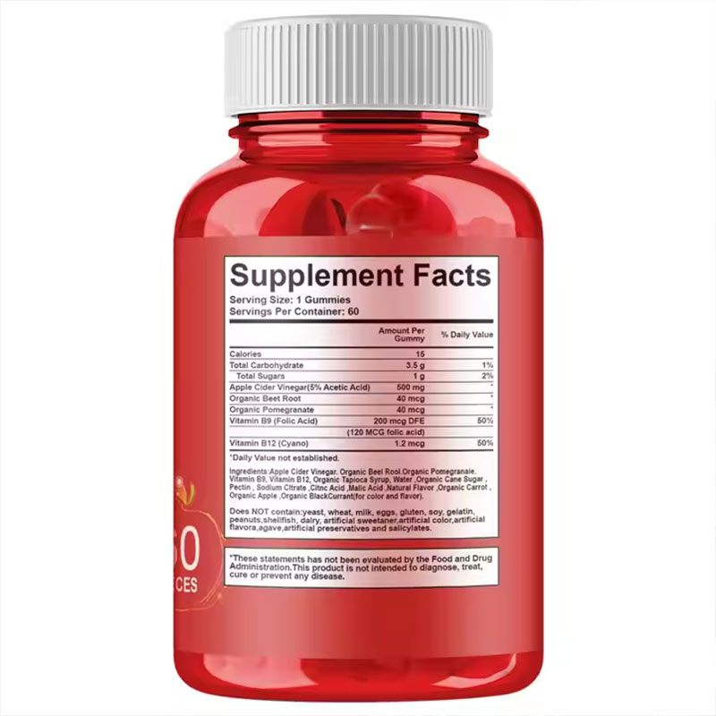 Supplement facts panel listing Apple Cider Vinegar 500mg, B vitamins, and organic superfoods