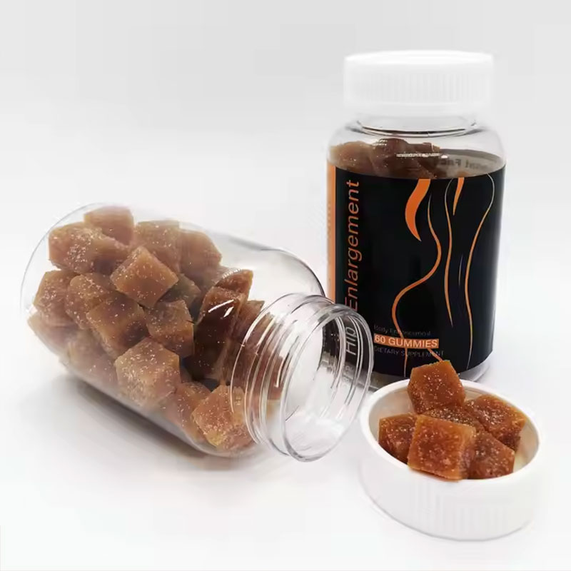 Spilled amber-brown gummies from bottle into dish, showing the appealing gummy texture