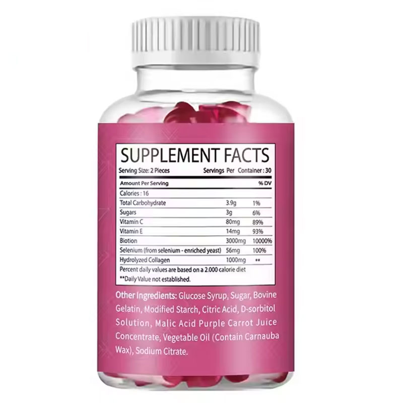 Back of collagen gummies bottle showing detailed supplement facts panel with ingredient list and nutritional values, ensuring transparency and trust.