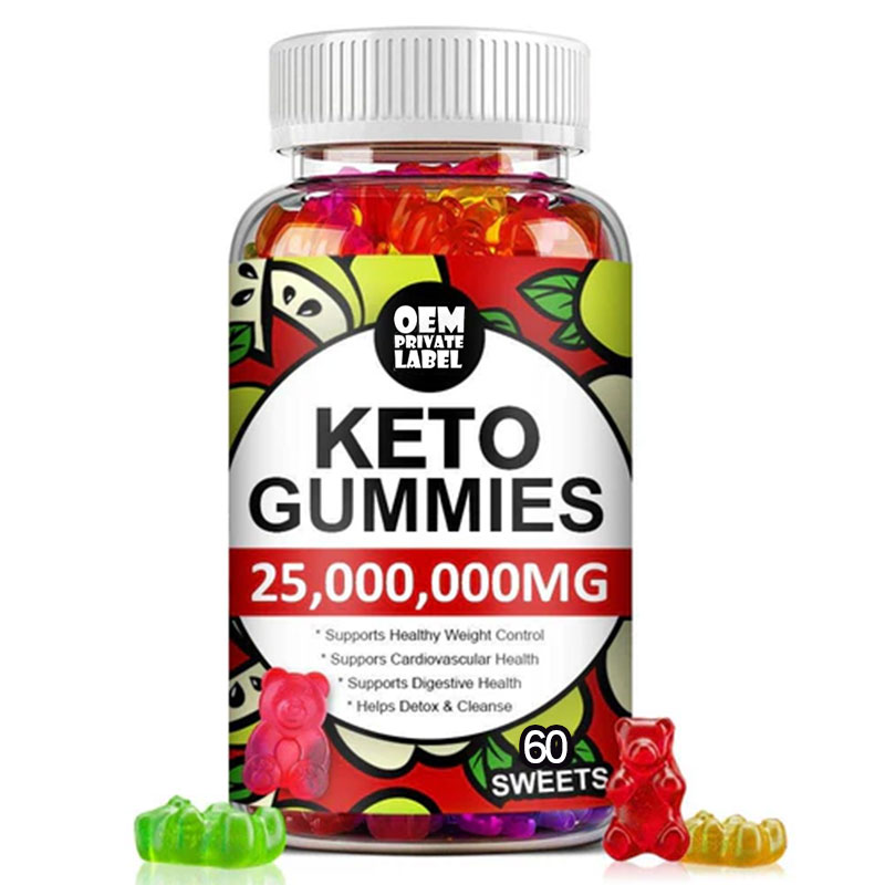 Keto ACV Gummies bottle front display with colorful gummy bears spilling out