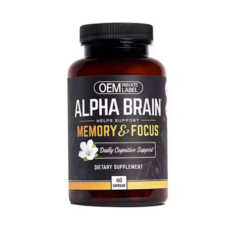 Alpha Brain dark amber glass bottle with black cap and gold label trim on light background