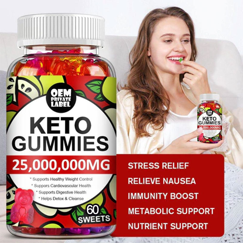 Young woman holding bottle taking a gummy with list of benefits displayed