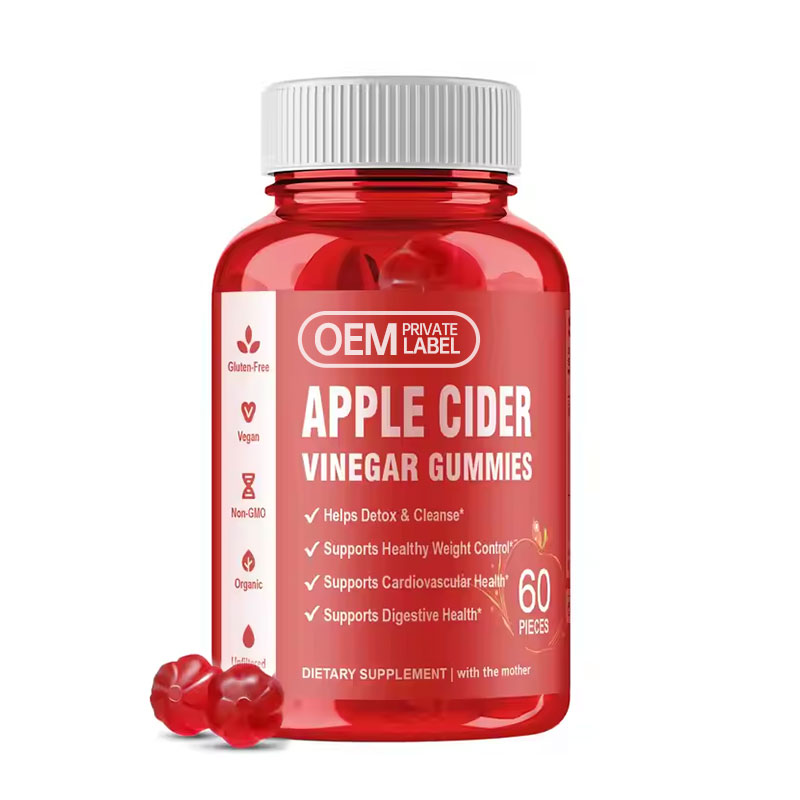 Glossy bottle of Apple Cider Vinegar Gummies with two gummy pieces in front, showcasing vibrant red branding and checkmarked health claims