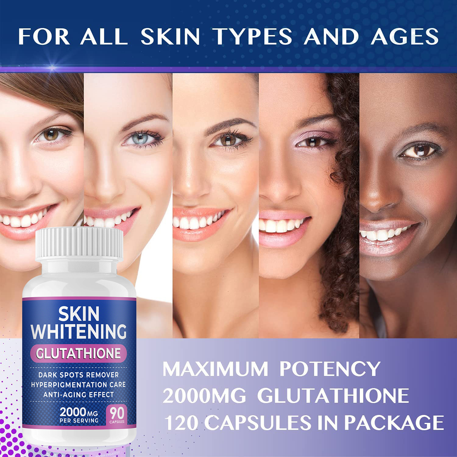 Five diverse women smiling, with product bottle and 'For All Skin Types and Ages' text