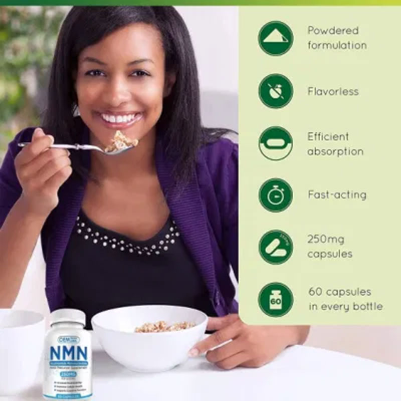 Woman smiling confidently while holding a bowl of cereal, NMN bottle beside her, surrounded by icons indicating easy capsule use and fast absorption