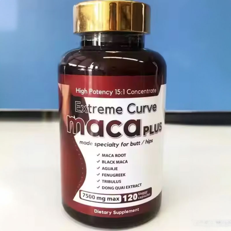 Product bottle against blue background with full label and gold cap, symbolizing the transformation to a curvier figure