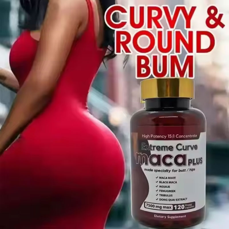 Woman in red dress showing defined hip and glute curves with text overlay CURVY & ROUND BUM