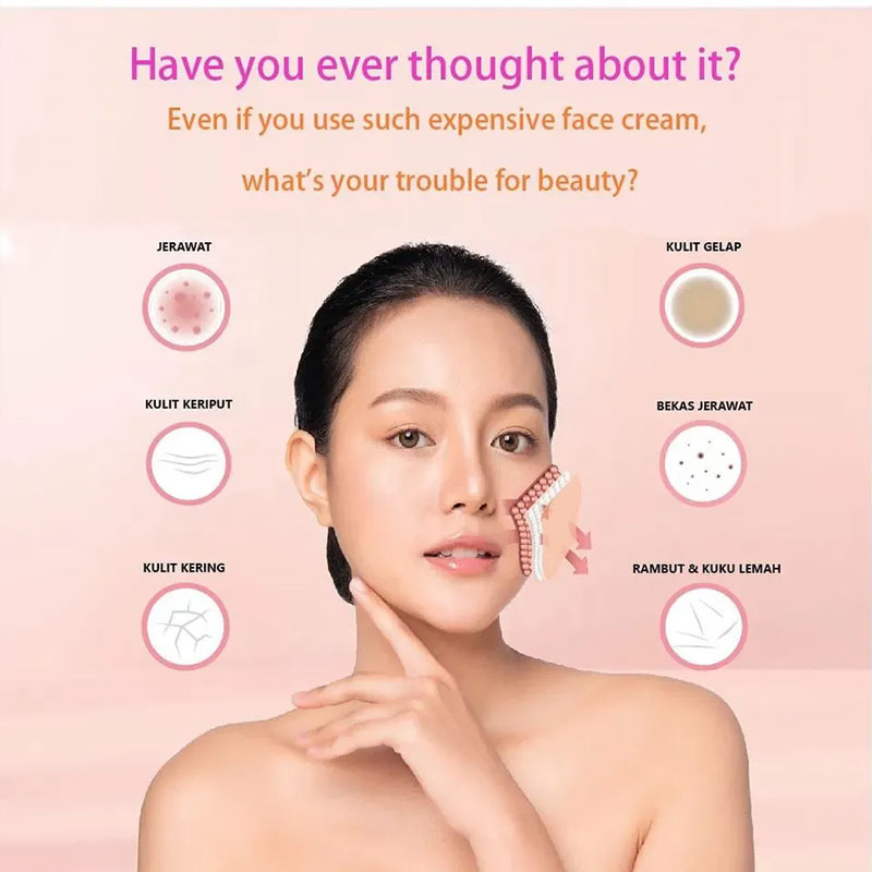 Woman touching her face, surrounded by skin concern icons: acne, wrinkles, dark spots, texture