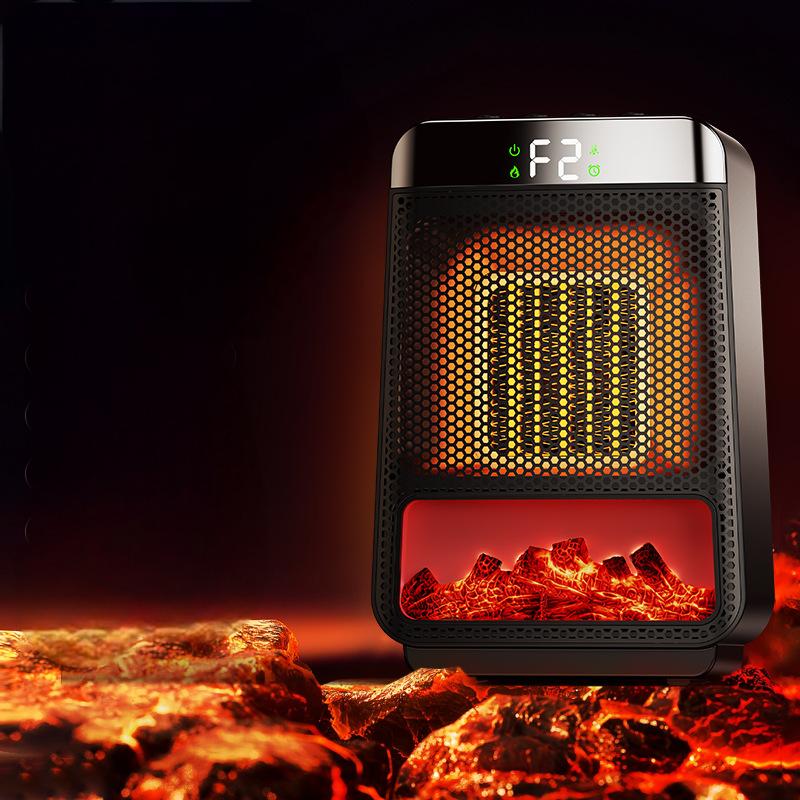 Compact heater glowing with its ember window in a dim room