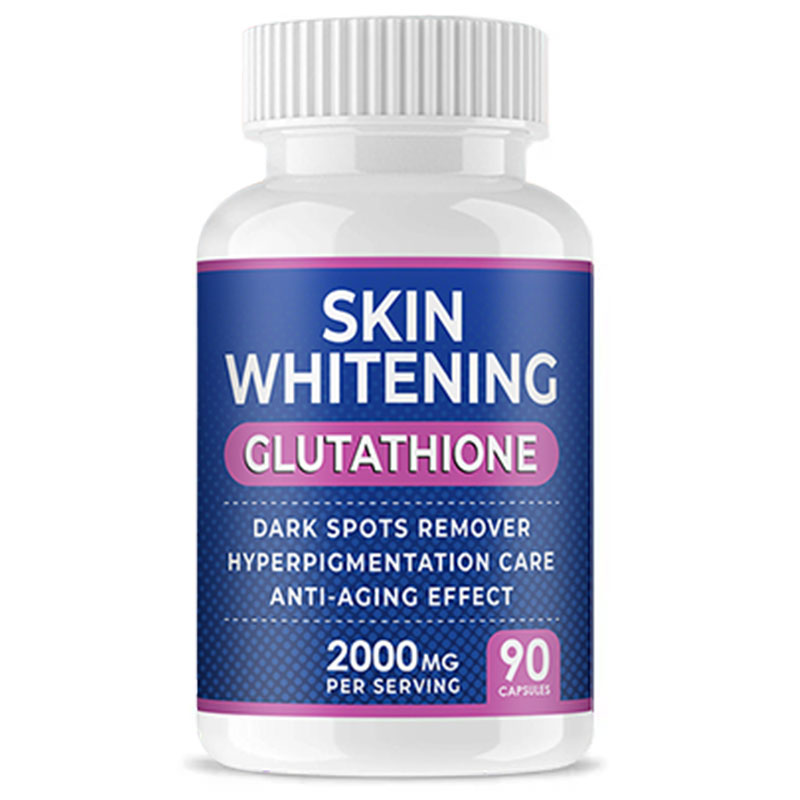 Front-facing glutathione capsule bottle, 2000mg skin whitening formula, 90 count, navy and magenta label