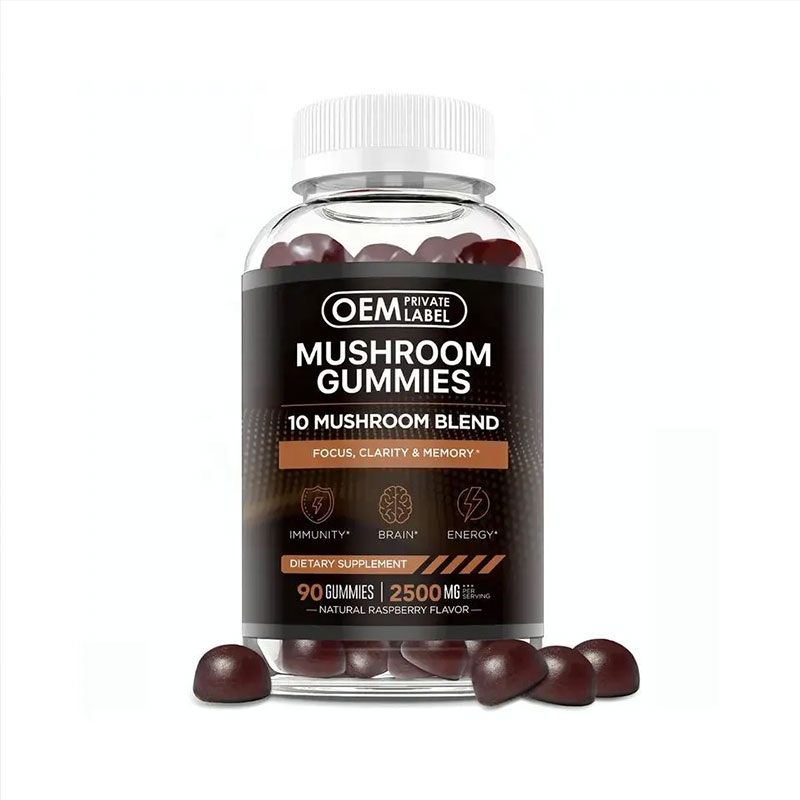 Glass bottle of mushroom gummies with white ribbed cap, dark label, and burgundy gummies visible inside and scattered in front