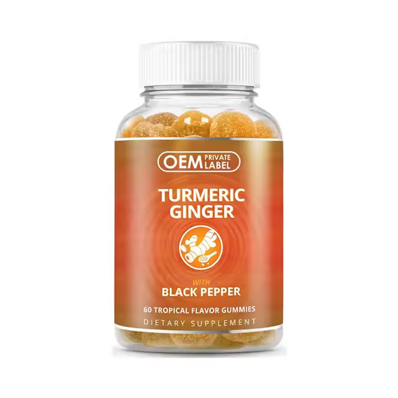 Clear glass jar with white cap containing golden-amber gummies, warm orange gradient label with product name and black pepper icon