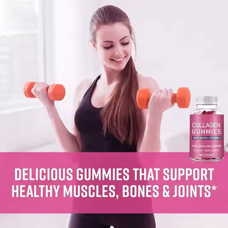 Fit, confident woman with thick hair and luminous skin, holding dumbbells—embodying the full-body transformation achieved after consistent supplementation.