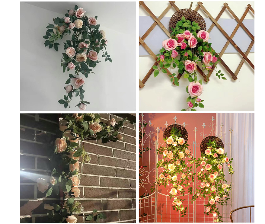 Rose garland and wicker basket laid out ready to hang on a wall