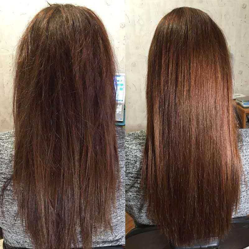 Smoother brown hair shown after targeted trimming