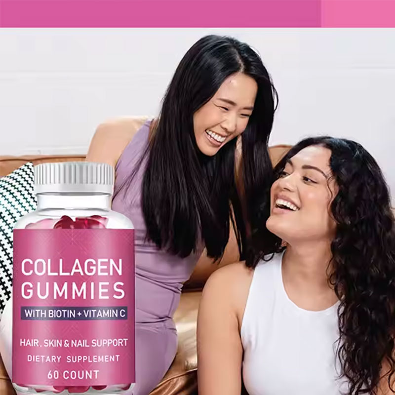 Two young women with visibly healthy, shiny hair and glowing skin, laughing together in natural light, with collagen gummies bottle visible and a sense of daily wellness.