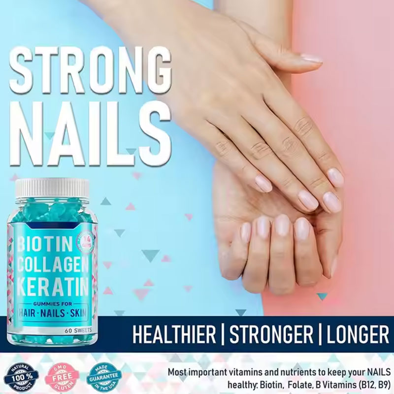 Close-up of healthy, strong nails with 'Strong Nails' headline, jar displayed on side, certifications visible at bottom
