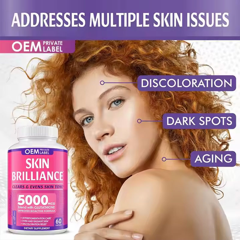 Woman with reddish-brown curly hair labeled with skin concerns: discoloration, dark spots, and aging signs — the frustration of uneven tone
