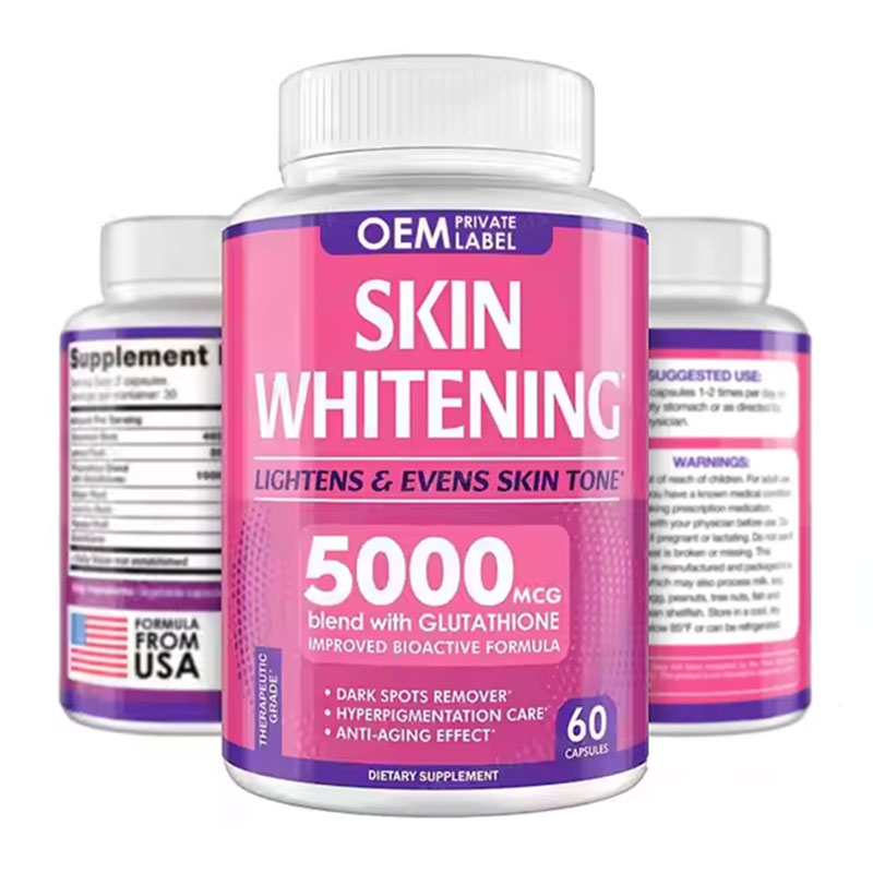 Three-bottle display of Skin Whitening capsules in hot pink and purple packaging with 60-count specification