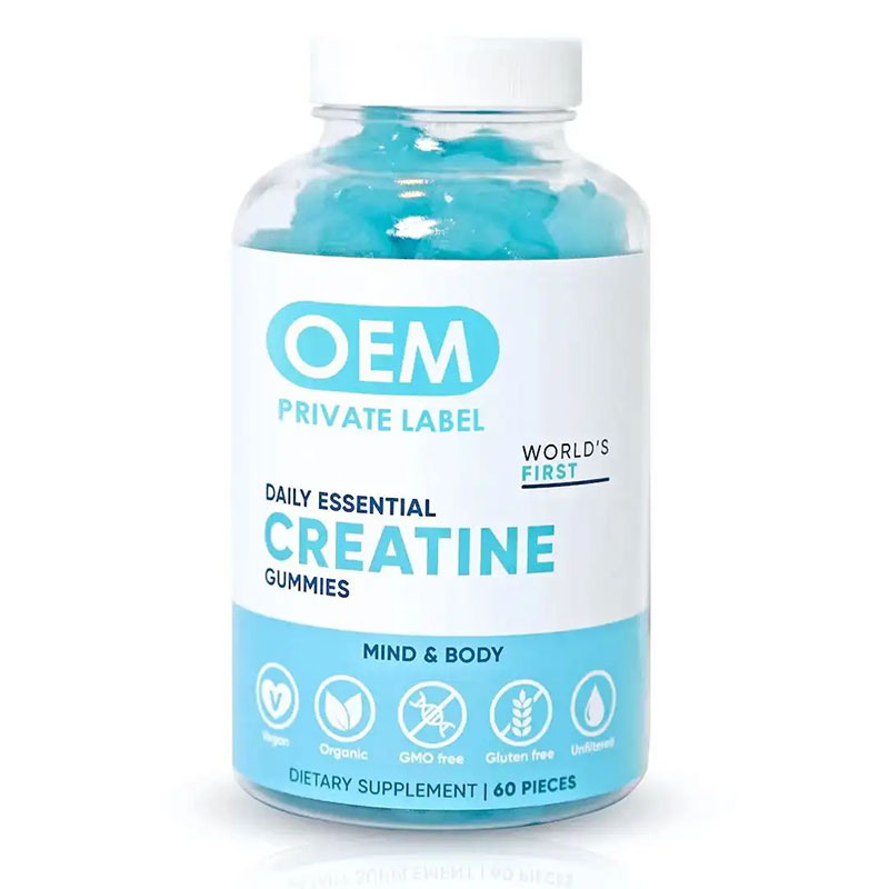 Clear plastic bottle filled with turquoise creatine gummies on a pale celadon ceramic surface, with fresh mint leaves and soft morning light
