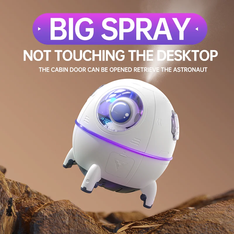White capsule humidifier spraying mist above a desk surface with clear space
