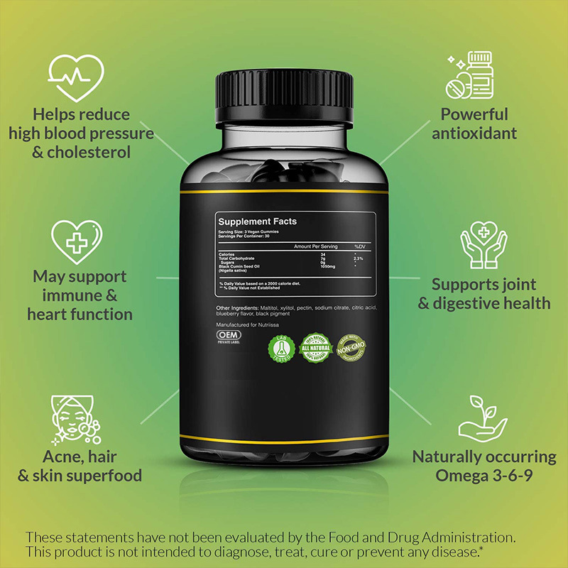 Black seed oil gummies bottle on pastel green with health icon infographic radiating around it