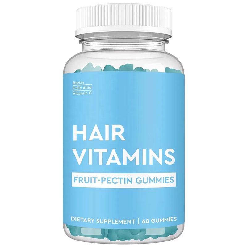 Hair Vitamins Fruit‑Pectin Gummies bottle with teal gummies visible, white cap, product name and key ingredient callouts