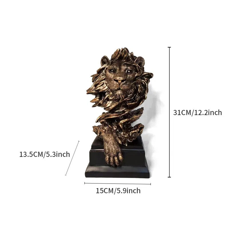Lion head bust on a stepped black base, shown with its full dimensions