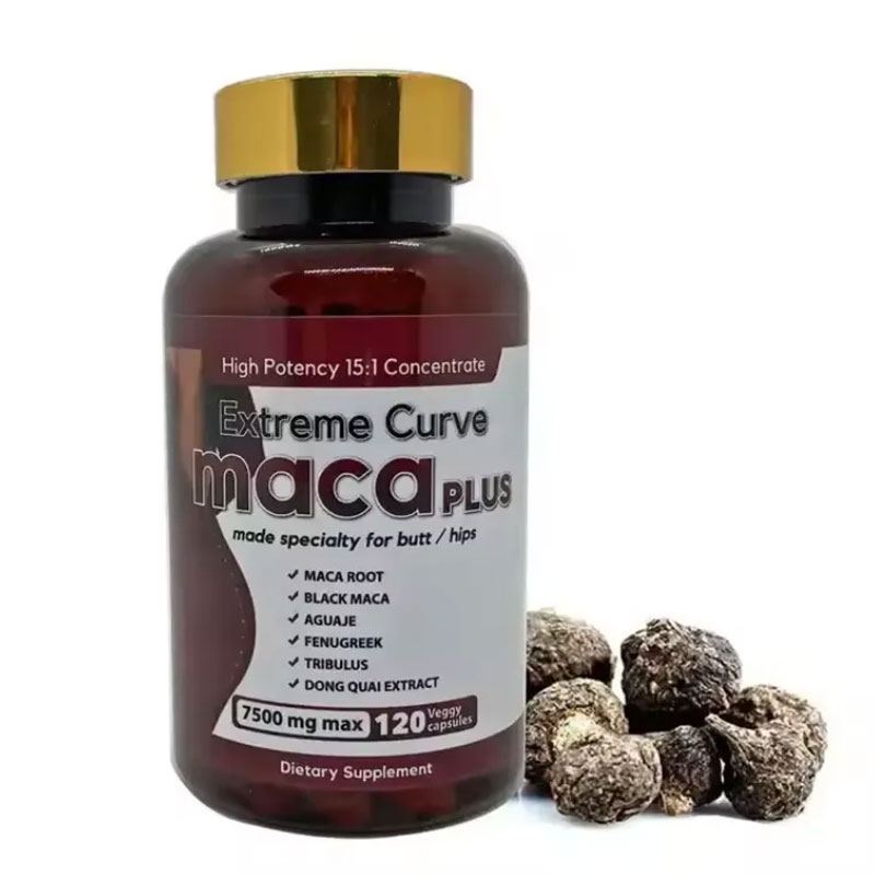 Extreme Curve Maca Plus bottle with gold cap displayed next to maca root balls on light wood