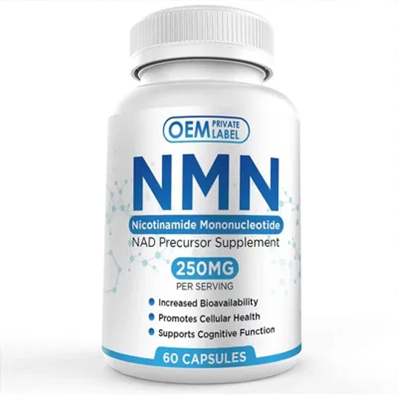 NMN supplement bottle front label showcasing product name, 250mg dosage, 60 capsules count, and three key benefit claims