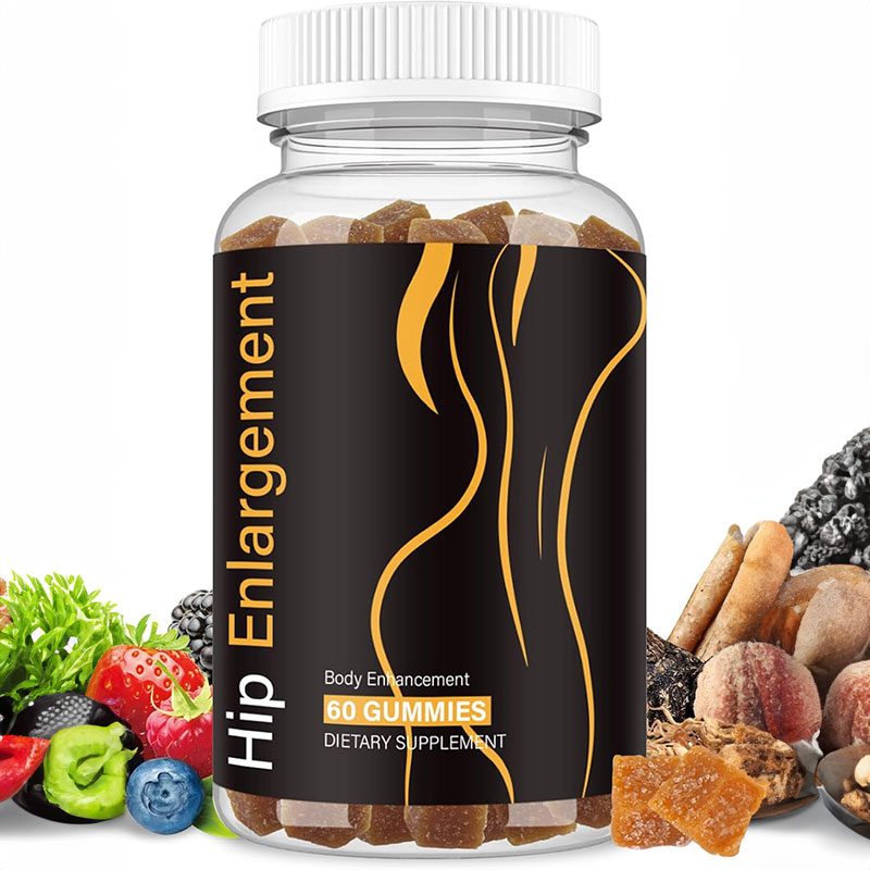 Hip Enlargement gummy bottle surrounded by fresh berries, nuts, and herbs, highlighting natural ingredients