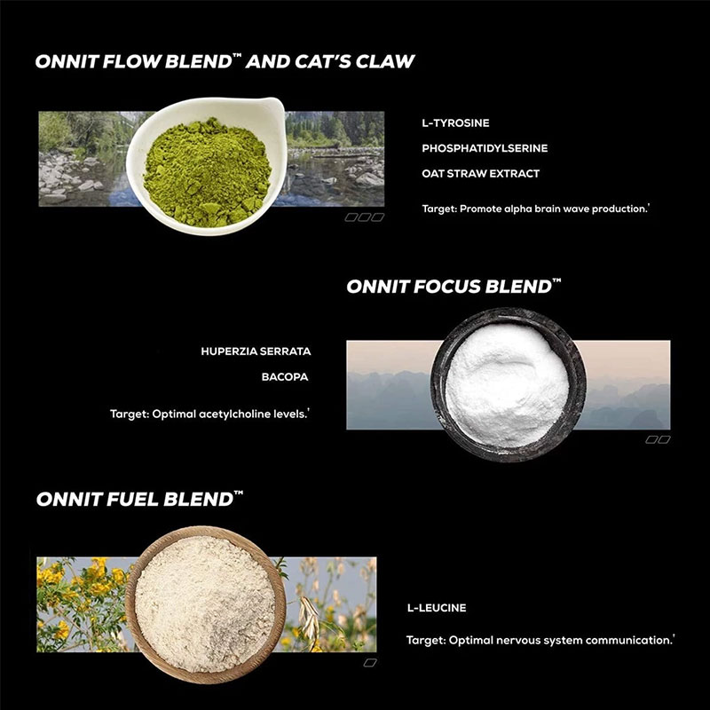 Close-up of three proprietary powder blends in white, green, and cream