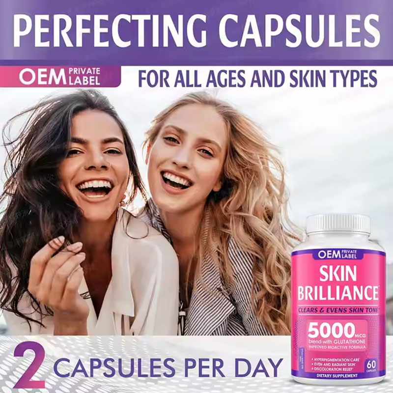 Two diverse women with radiant, bright smiles and even complexion captioned 'For all ages and skin types' with dosage instruction '2 capsules per day'