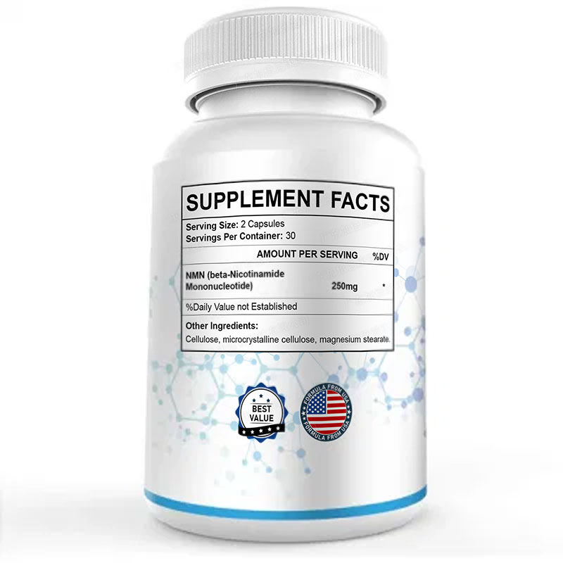 Rear of bottle showing complete Supplement Facts panel with NMN 250mg dosage, serving size, and Made in USA certification badge