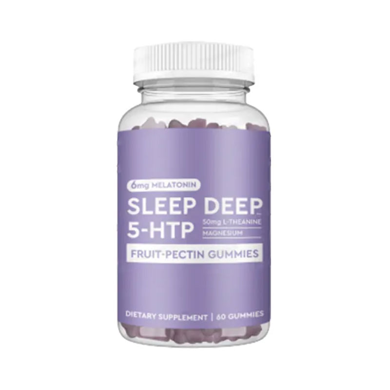 Sleep Deep gummies in a clear glass bottle with a white cap on a bright background, showing the purple translucent label.