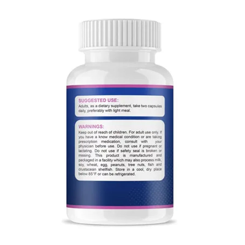 Back label of glutathione bottle showing dosage, storage and warning instructions