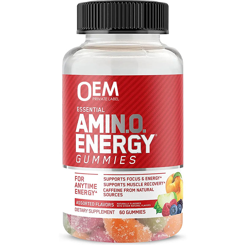 Bottle of Essential Amino Energy Gummies with red label and colorful gummies at base