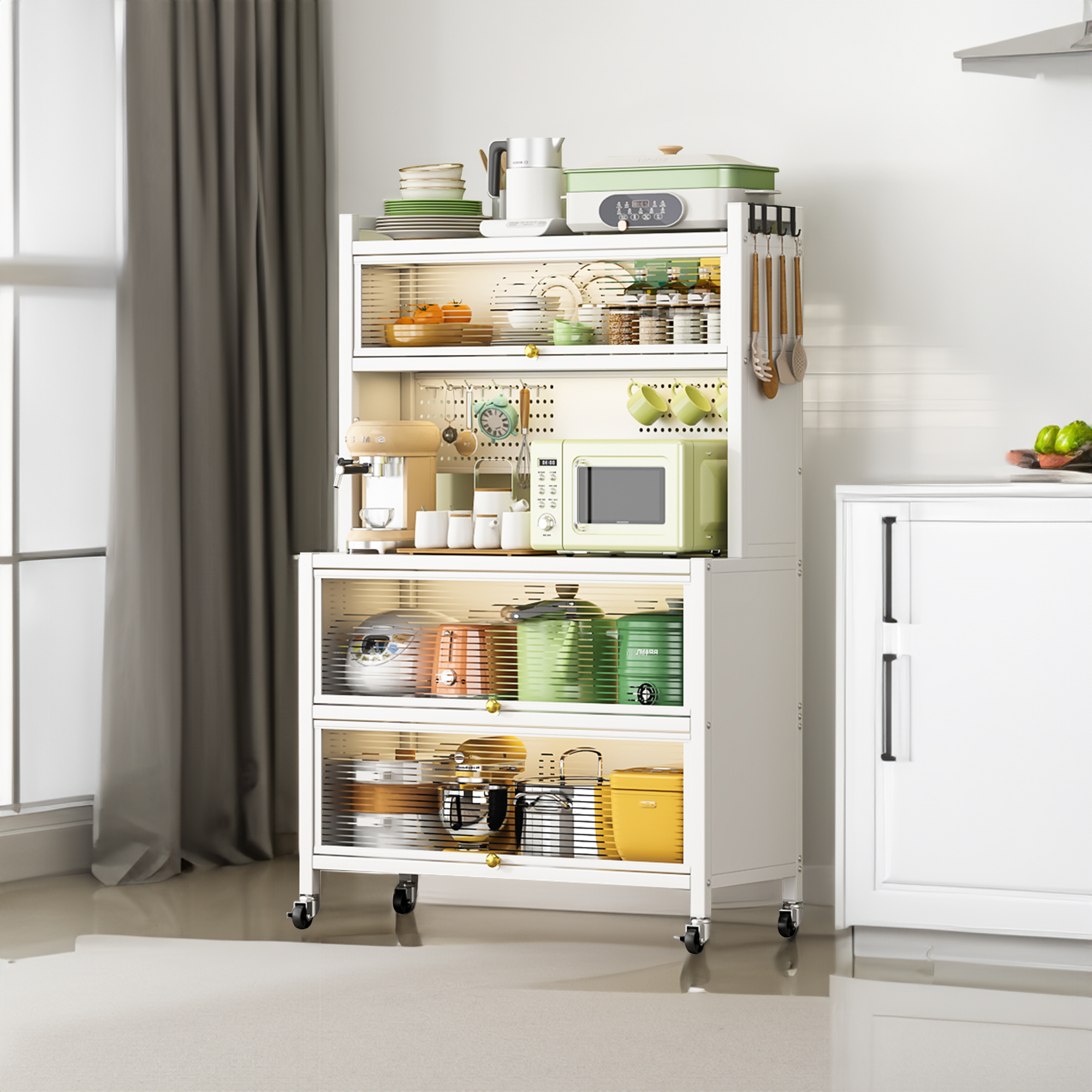 White metal storage tower with clear fronts beside a bright kitchen counter